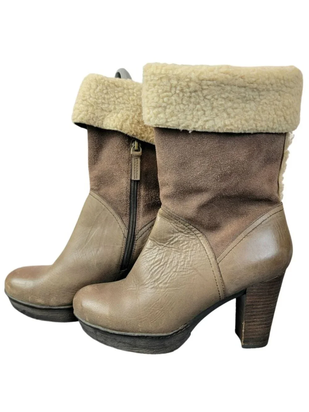 Nicole Platform Suede Boots 7.5 Brown Sherpa Leather Shoes Heel Mid Calf Women M